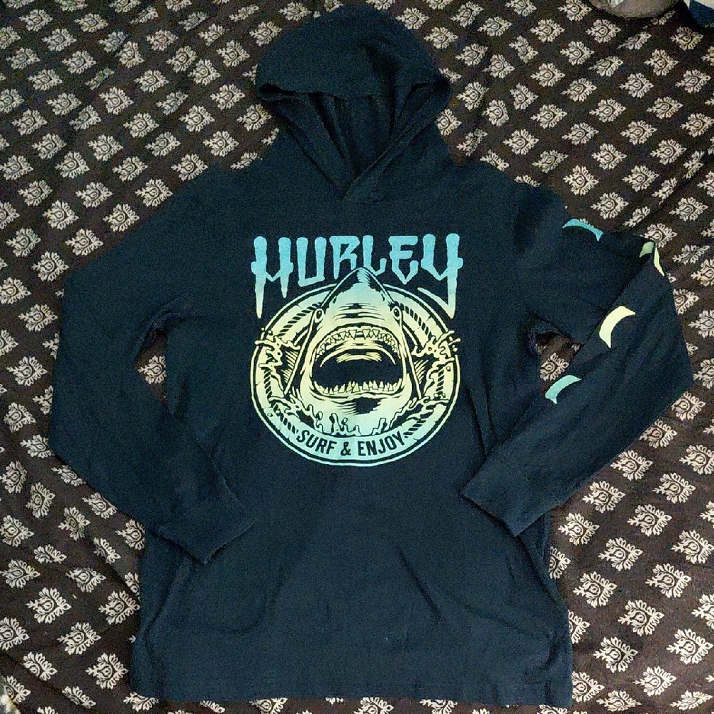 Hurley Navy Hoodie with Teal and Yellow Shark Graphic
